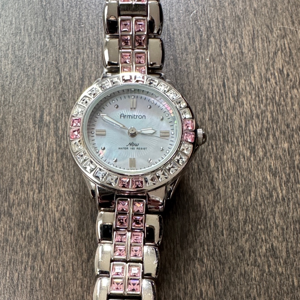 Armitron Now Swarovski Crystal Accent Silver Tone Pink Crystal Bracelet Watch